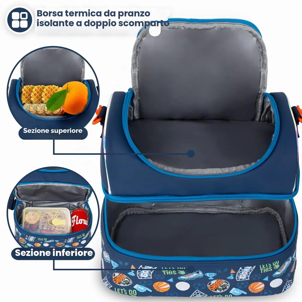 PinkSheep Borsa termica per il pranzo a due piani per bambini, grande, per ragazzi, ragazze, uomini, donne, con tracolla regolabile, unicorno (Calcio)