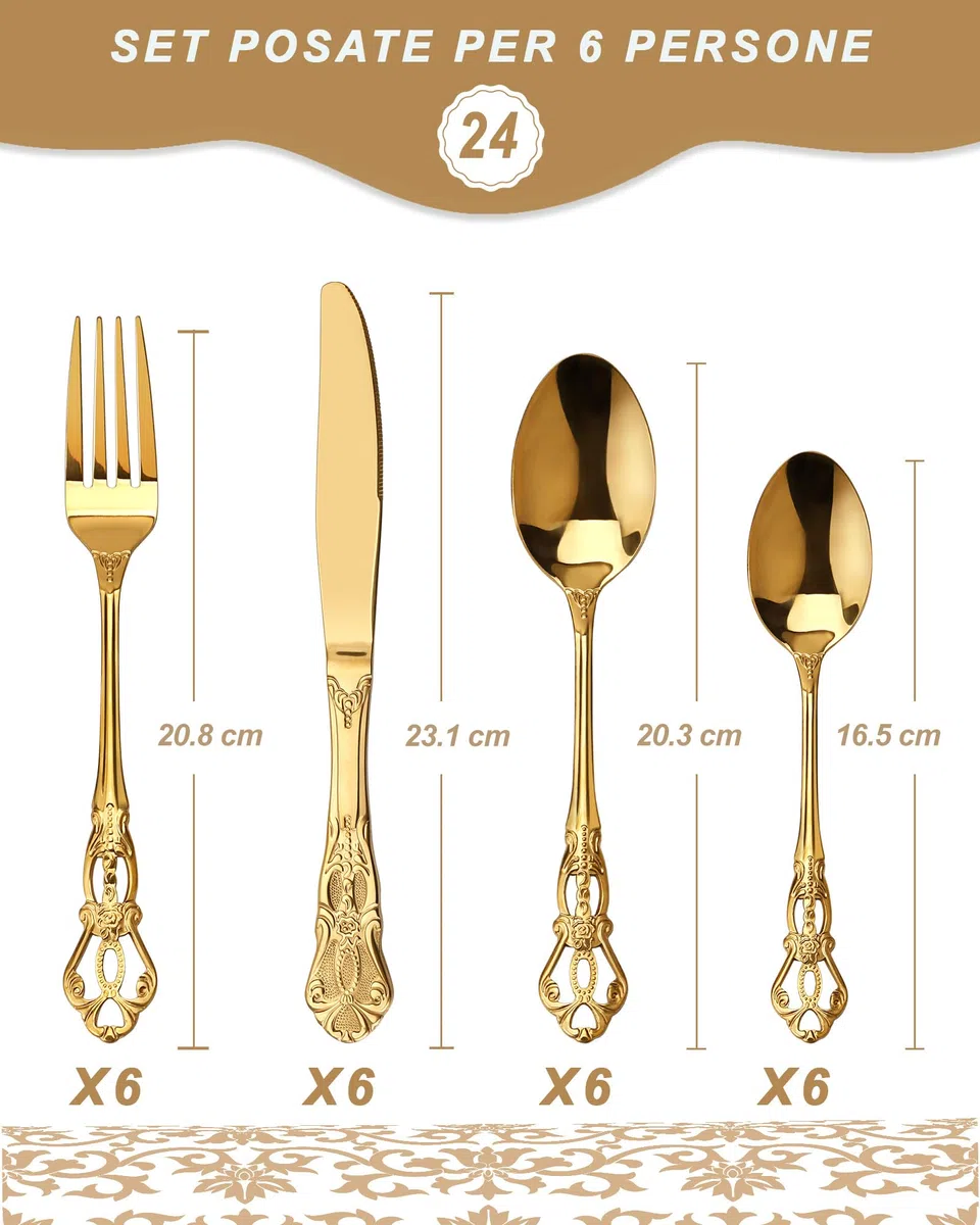 Set Posate 24 Pezzi Stile Retro Oro - Elegante Servizio per 6 Persone, Posate in Acciaio Inox con Finitura Antica Barocca, Set Completo con Forchette, Cucchiai e Coltelli