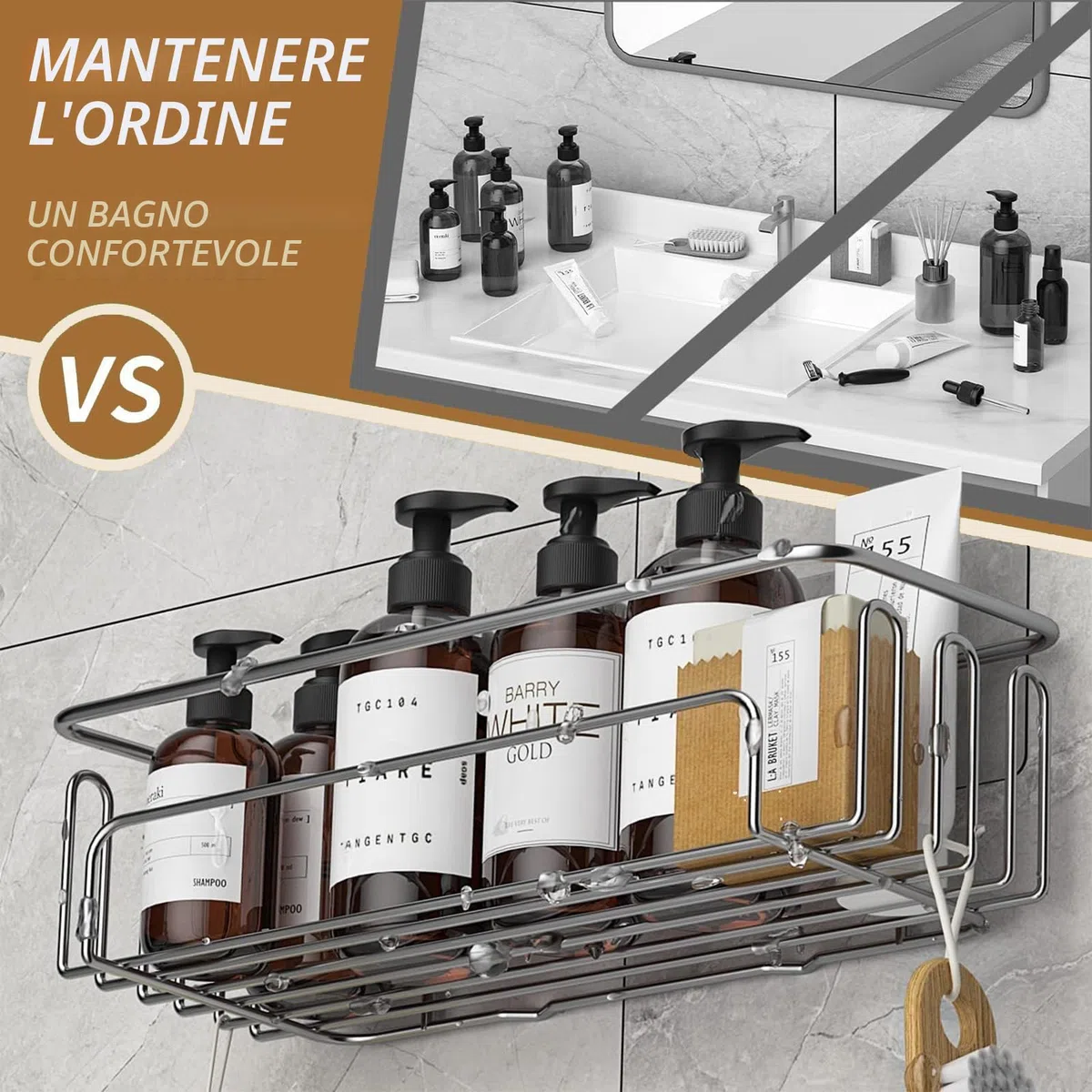 Meltrck Mensola Doccia Senza Foratura - 2 Pezzi Mensole Bagno - Resistente alla Ruggine Porta Bagnoschiuma da Doccia Adesivo,Argento