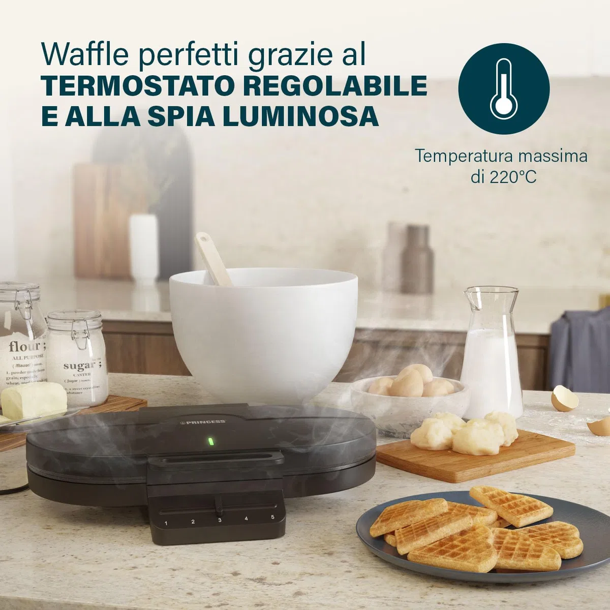 Princess Piastra per Waffle a Cuore, 10 Waffle, 1200W, Termostato Regolabile, Antiaderente, Manici Isolati, Protezione Surriscaldamento, Facile da Pulire, Conservazione Verticale, 132384