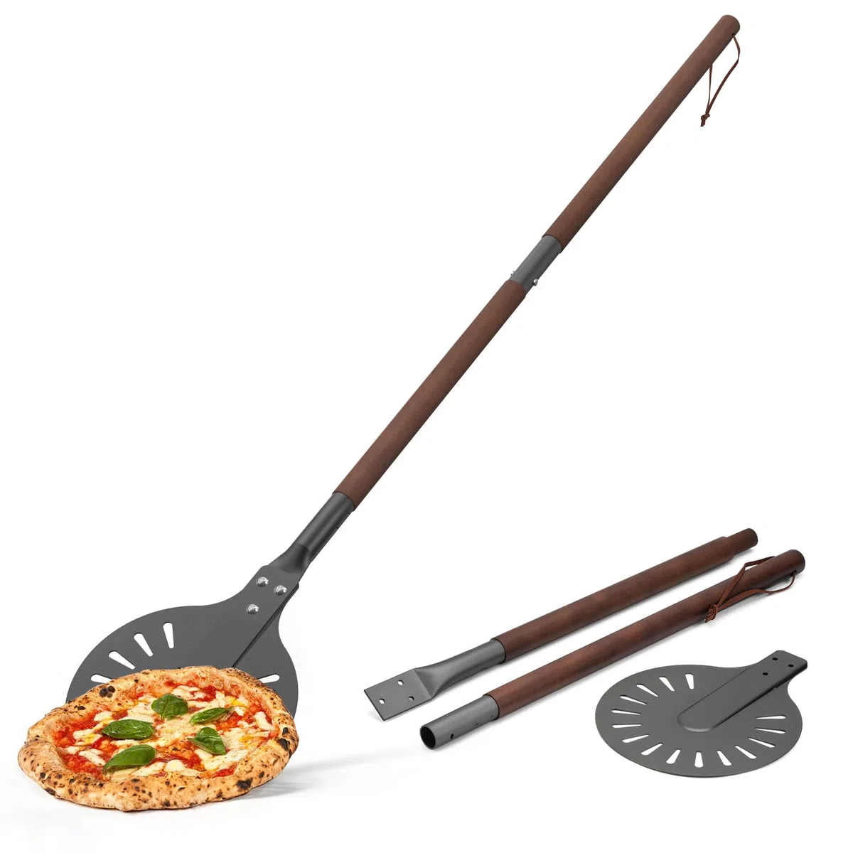 Onlyfire Pala per Pizza Forata, 8 Pollici Palino per Pizza in Alluminio Anodizzato Duro con 96 cm Manico in Legno Isolante Rimovibile per Qualsiasi Forno de Pizza da Esterno o Interno