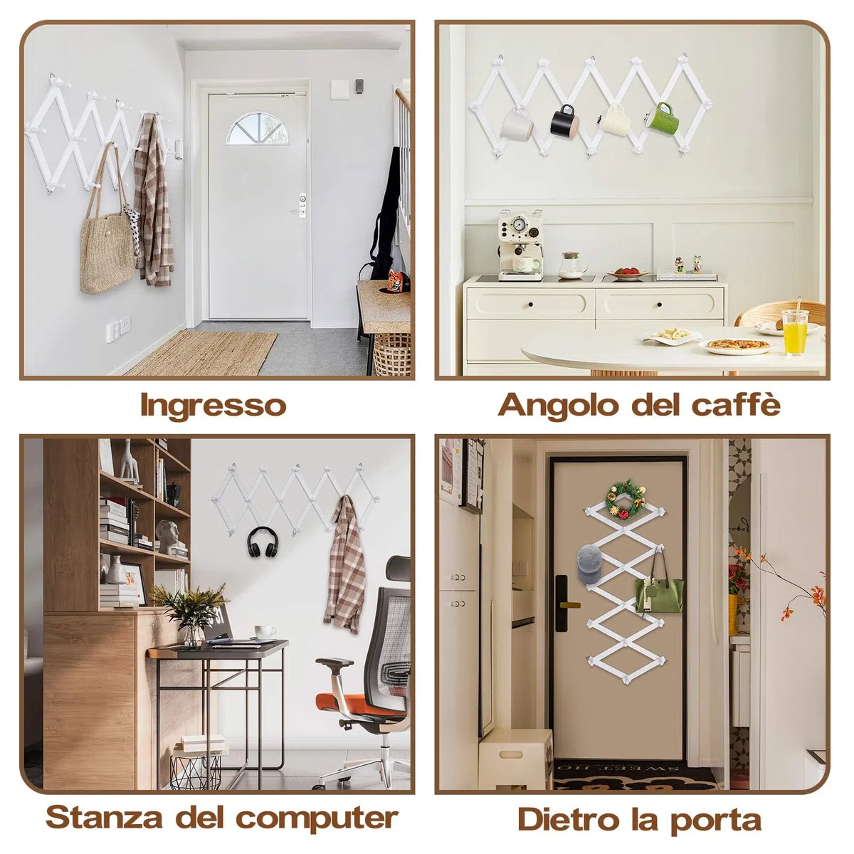 Qiannhee Appendiabiti da Parete Design Legno Attaccapanni da Muro Moderno con 16 Ganci de Parete Fisarmonica Bianco Appendiabiti Estensibile per Parete Ingresso Soggiorno Camera da Letto 80cm 100cm