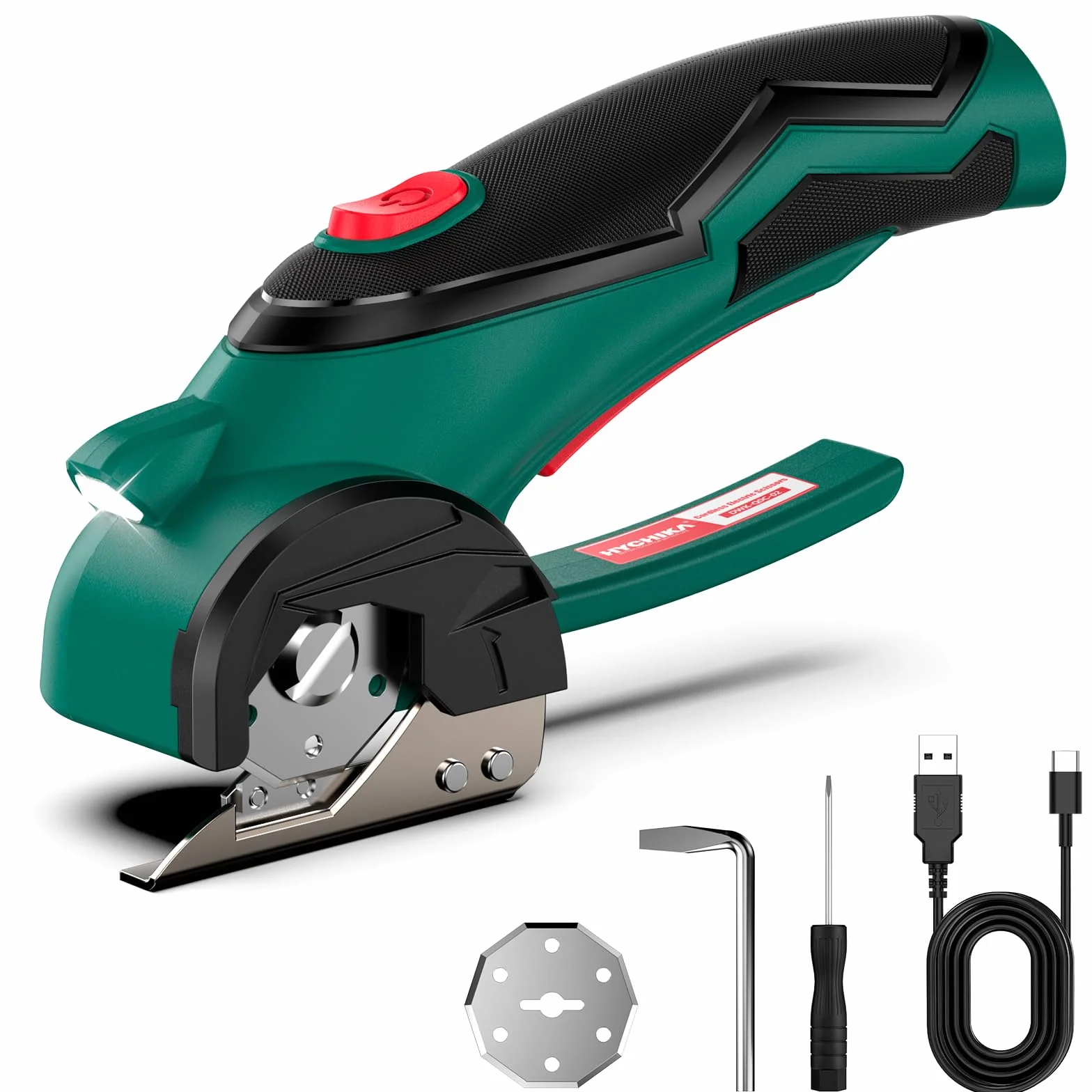 HYCHIKA Taglierina Elettrico Rotante 4V, Forbici Elettriche per Tessuti Wireless 300 giri/min, Taglierino Elettrico con 2 lame e un LED, Adatto per tessuti, Cucito, Pelle, Tappeti, Cartone e plastica