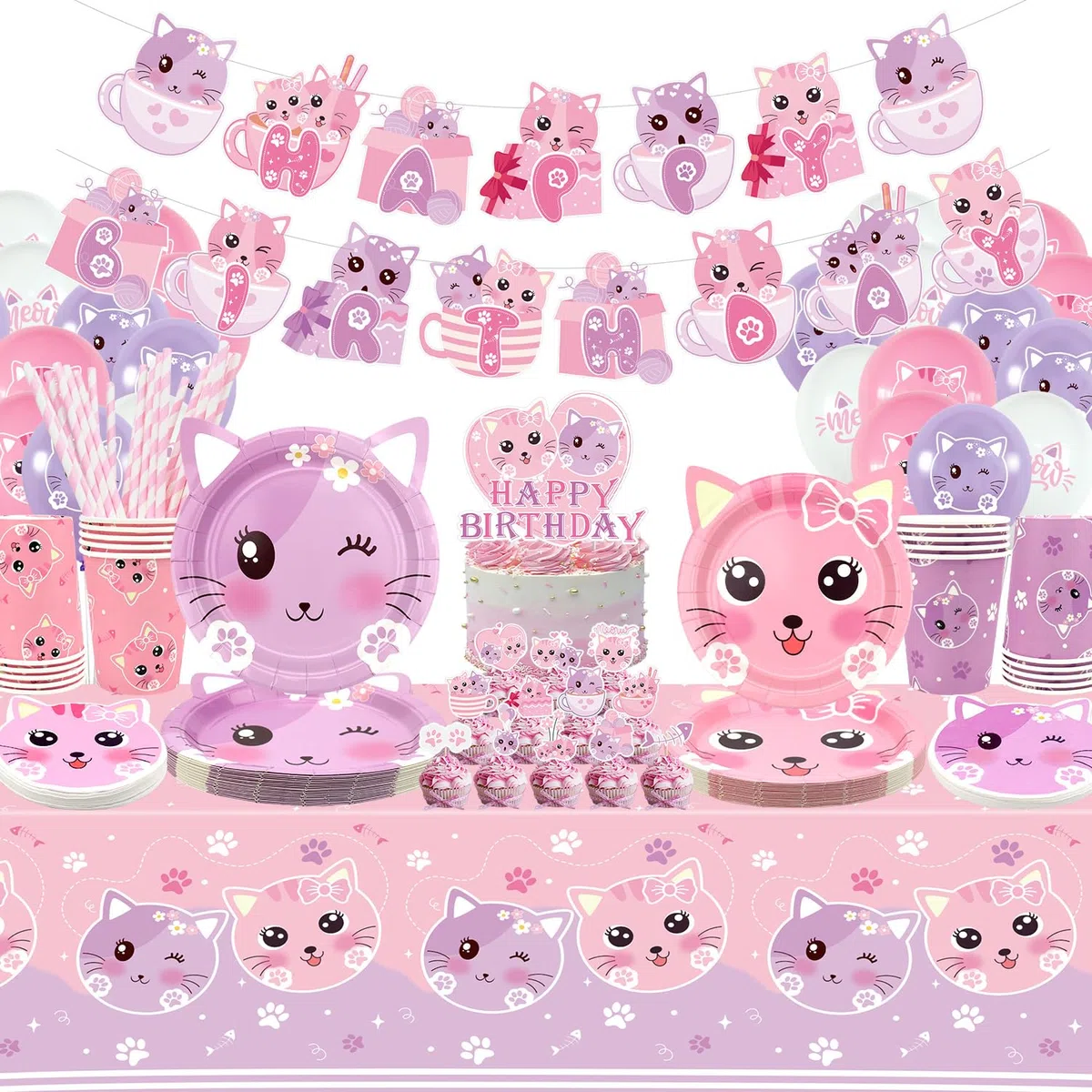 Set di accessori per la festa di compleanno del gatto, striscione di buon compleanno, piatti, tovaglia, tazze, palloncini, cannucce per le decorazioni della festa del gatto per bambini, per 20 ospiti