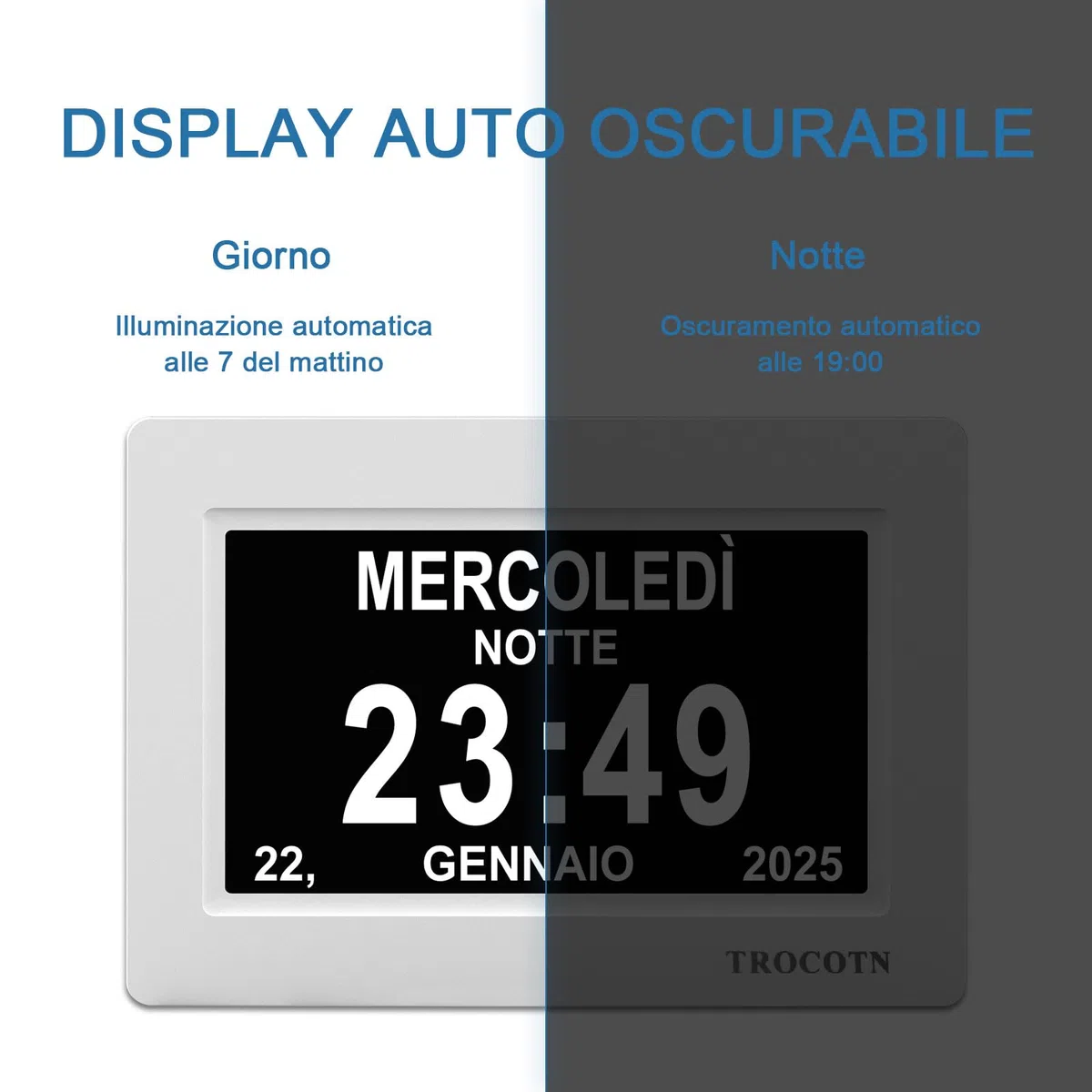 TROCOTN Orologio digitale da 7 Pollici Calendario Orologio da parete con ampio display Sveglia (Bianco)