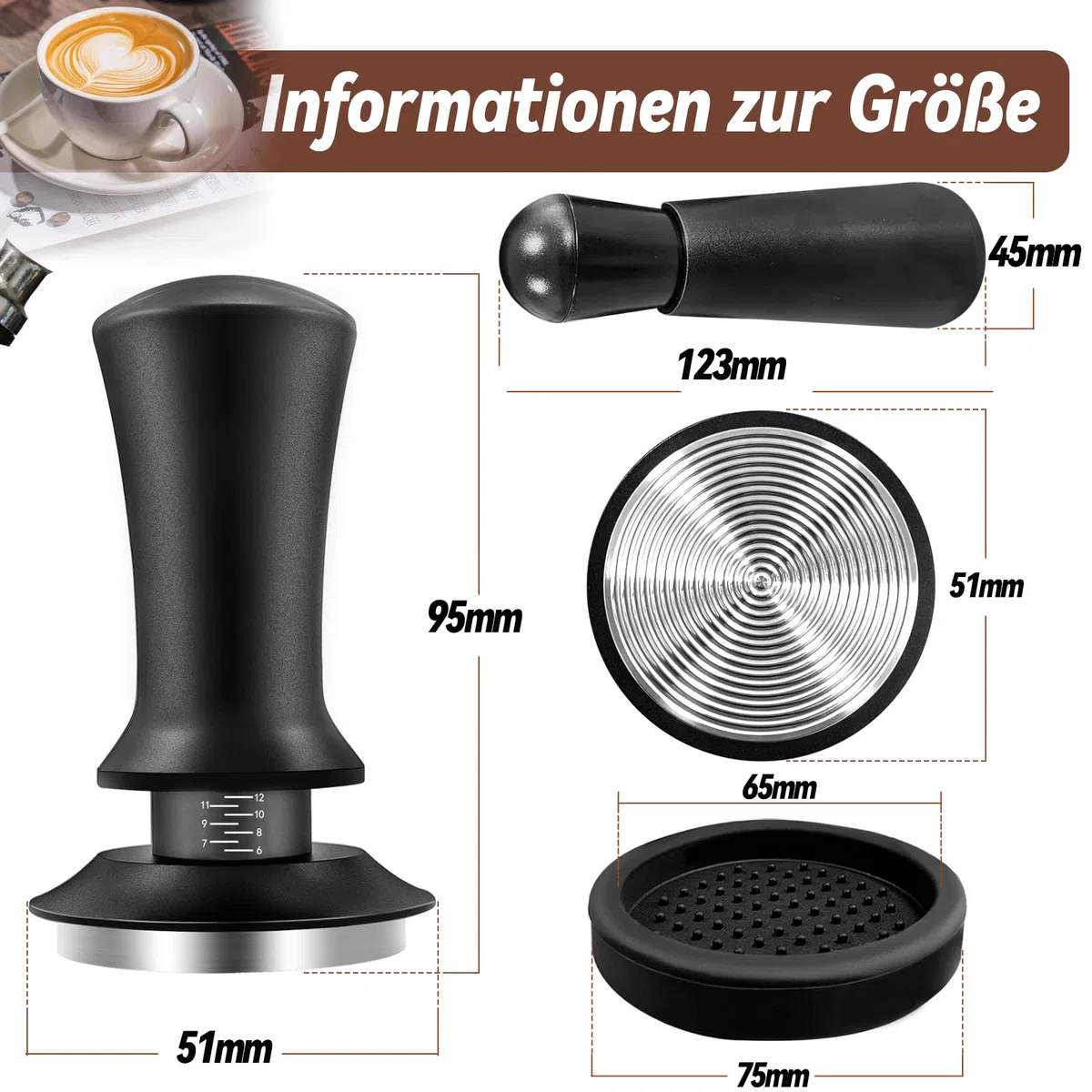 Tamper per caffè da 51 mm, con regolatore di pressione, set di tamper incluso strumento per tamper, in acciaio inox 304, con regolazione della scala