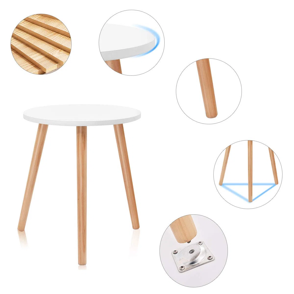 GIANTEX Tavolino da Caffè Rotondo, Tavolino da Soggiorno in Legno per Camera da Letto, Soggiorno, Balcone, Comodino con 3 Gambe in Pino, Bianco, 40x40x48cm