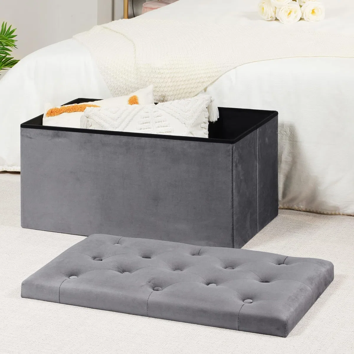 Bonlife Pouf Contenitore Velluto Poggiapiedi Camera da Letto Quadrato Cassapanca Bambini Sgabello di Stoccaggio Comodino Salvaspazio 80x40x40cm Grigio