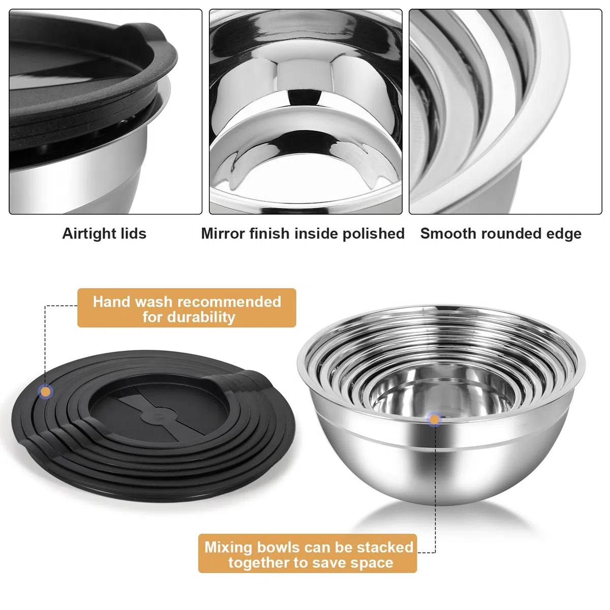 Cinnani 7 Set da Ciotola Acciaio Inossidabile, Insalatiera, Mixing Ciotole, Ciotole di Frutta, Ciotole acciaio inox con coperchio set, Ciotole da Cucina Multifunzionali