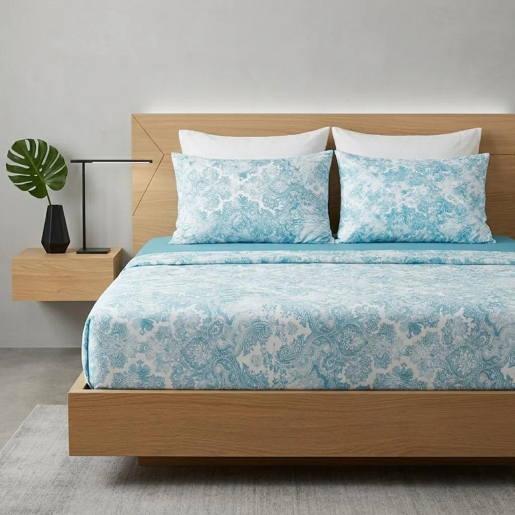 Ruggeri Set Lenzuola Letto Matrimoniale 4 Pezzi, 100% Cotone di Alta Qualità, Certificato Oeko-Tex, Lenzuolo con Angoli 170x200 cm, Lenzuolo Piatto 240x280 cm e 2 Federe 50x80 cm (Batik Azzurrro)