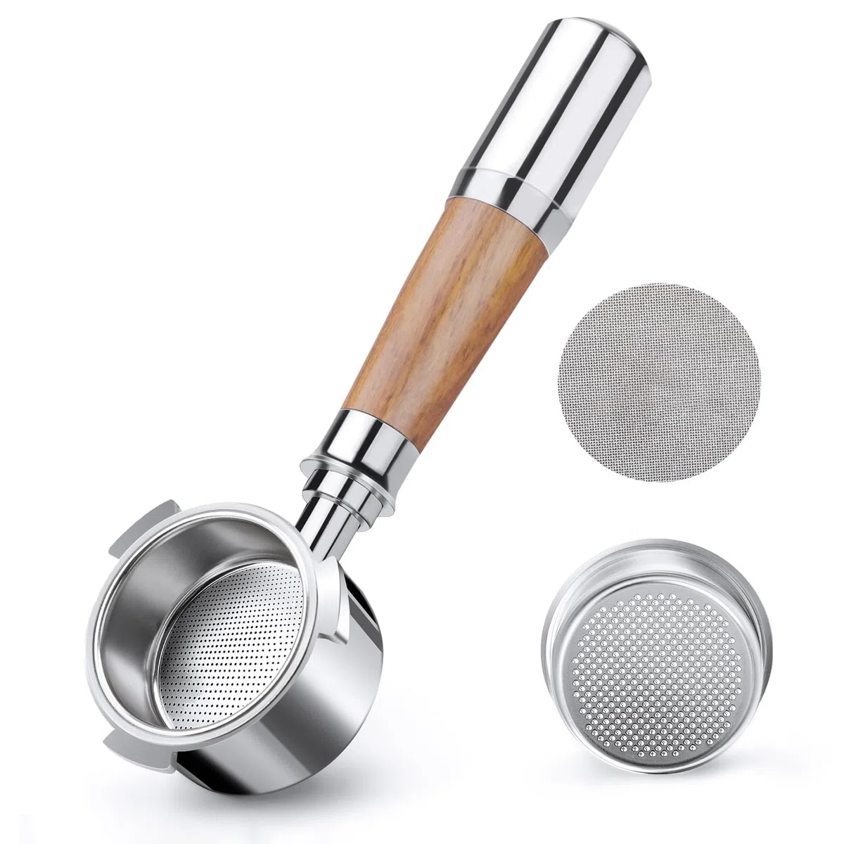 VINATO Portafiltro Senza Fondo 51mm - Cestello in Acciaio Inox con Manico in Noce - Compatibile con DeLonghi EC680/EC685/EC885/EC890 (3 Orecchie)