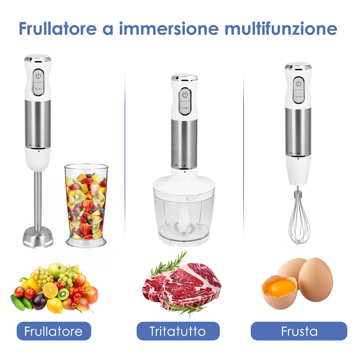Frullatore a Immersione Multifunzione 4 in 1, 1000 W minipimer professionale,con 30 Velocità e Modalità Turbo, con Frusta, Antispruzzo Design,Tritatutto da 500 ml e Misurino da 600 ml