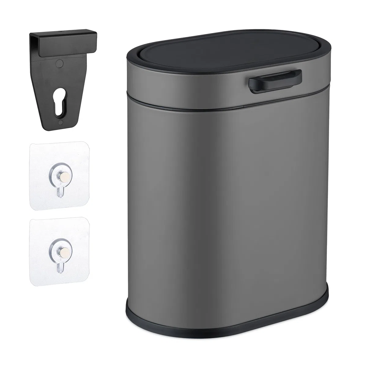 Relaxdays Cestino da Bagno, con Adesivo da Muro o Gancio per Anta, Pattumiera 5 L, Secchio Interno, in Ferro, Grigio