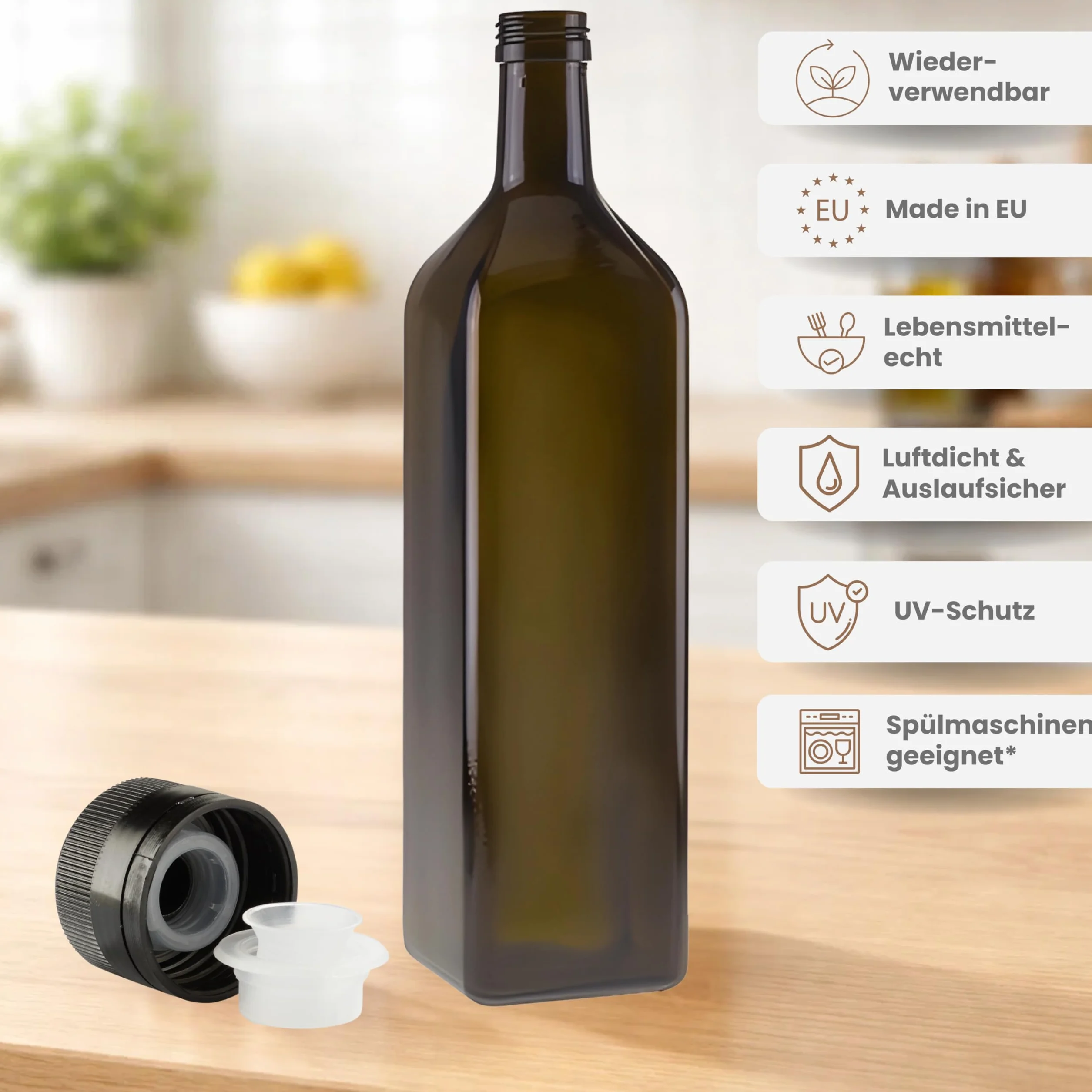 4 bottiglie di olio da 1000 ml in vetro, con beccuccio integrato in plastica ed etichette