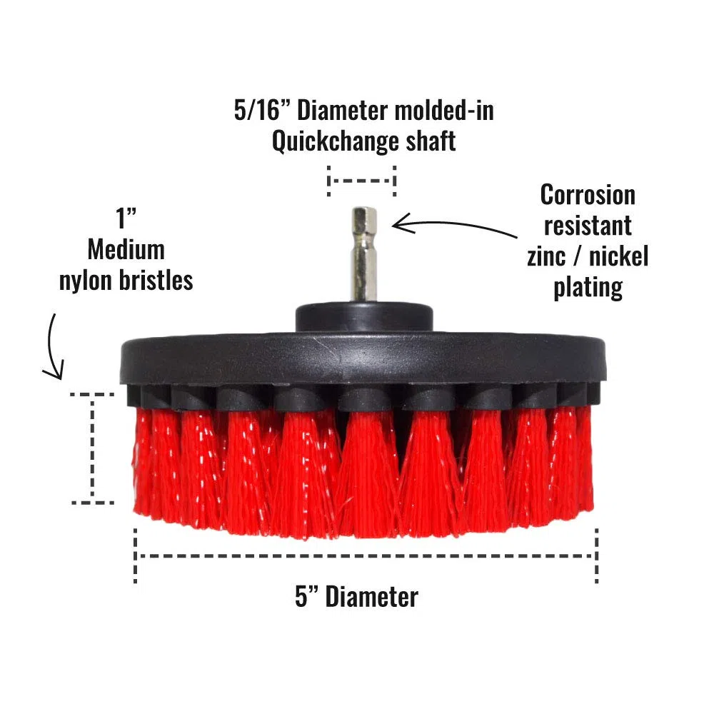Spazzola Premium per Trapano-Rigida, Rossa, Set 3 Pezzi, 13cm. Spazzola di Pulizia Professionale.Non Graffia le Superfici.Per Garage,Piastrelle,Pietra,Camino e Pulizia dei Cerchioni dell'Auto