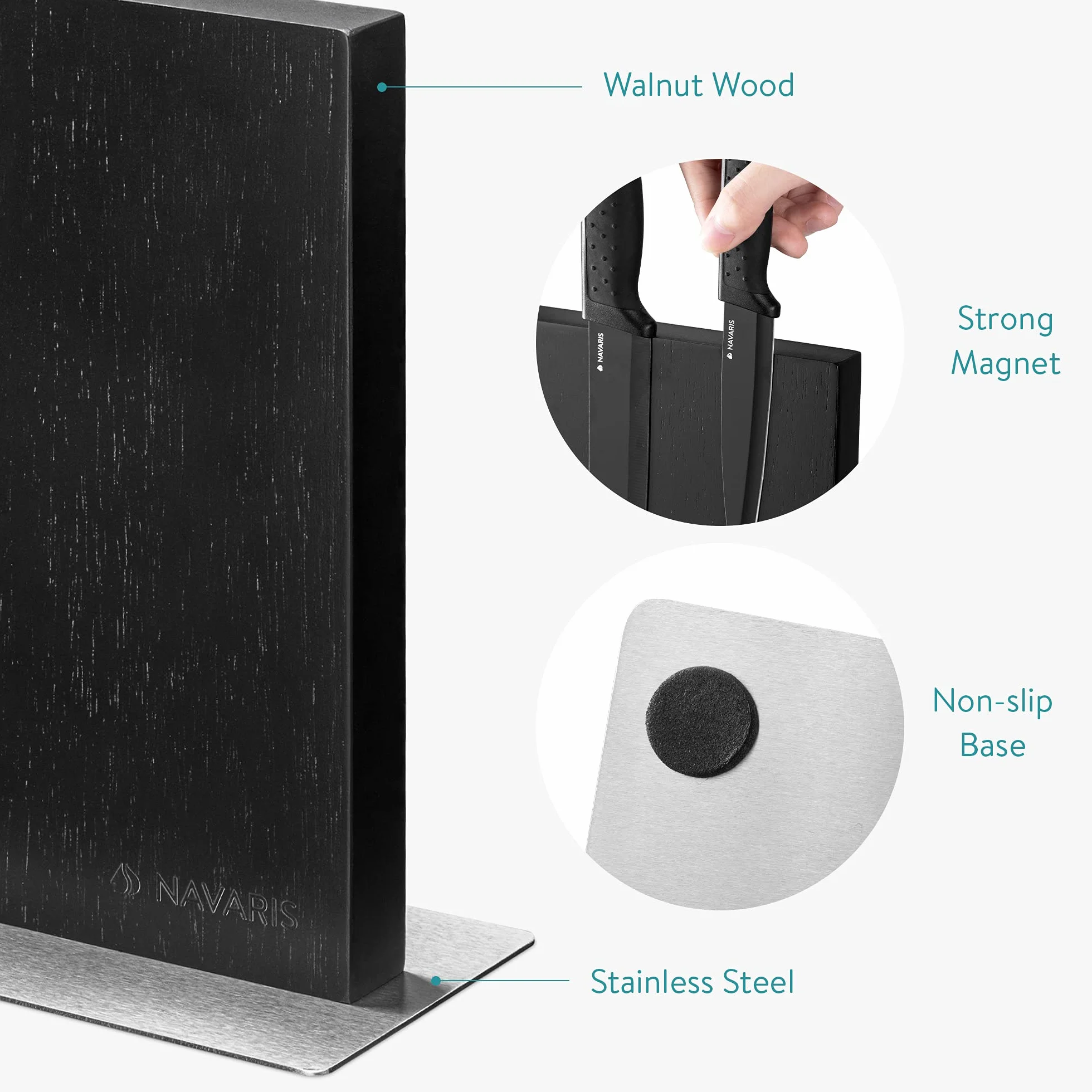 Navaris Porta Coltelli da Cucina - Ceppo Portacoltelli Doppio Lato Magnetico - Tavoletta con Calamita Magnetica Rivestita in Legno Nero