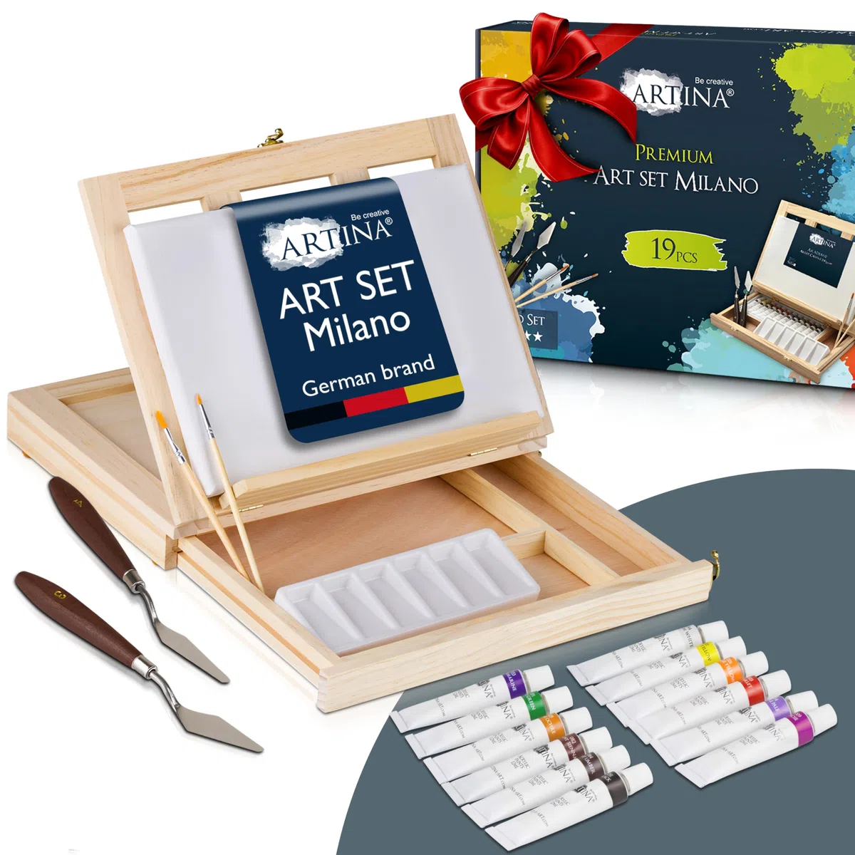 Artina Kit pittura Milano con cavalletto da tavolo tela pittorica 20x30cm colori acrilici pennelli spatoline e tavolozza - set da pittura completo