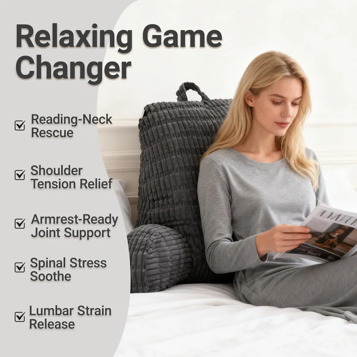 Cuscino da Lettura per Letto e Divano con Schienale a Balze per Adulti, Supporto per Braccia, Cuscini per Leggere/Rilassarsi/Guardare La TV, con Tasca e Fodera Lavabile (Grigio scuro)