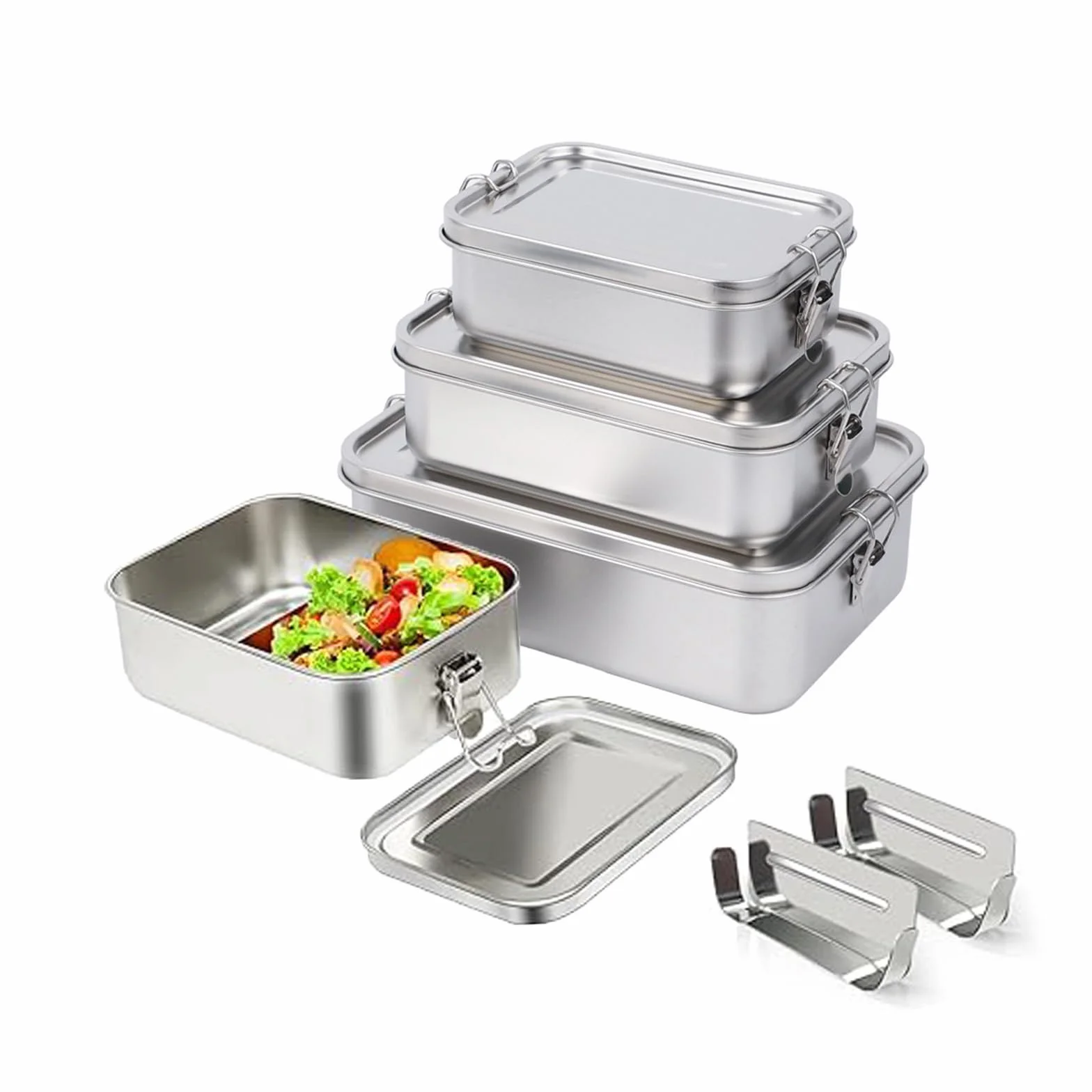 Confezione da 4 contenitori per alimenti in acciaio inox 304, per insalata e pasti residui, a prova di perdite, in acciaio inox grande (550 x 2/850/1400 ml)