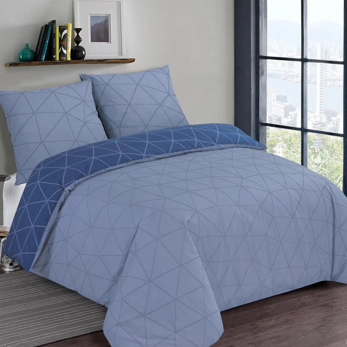 VISION Hugo Blu - 100% cotone - Set Copripiumoni matrimoniale reversibile 240 x 220cm con 2 federe 65 x 65cm per letto matrimoniale - Tessuto morbido e confortevole - Certificato Oeko-Tex