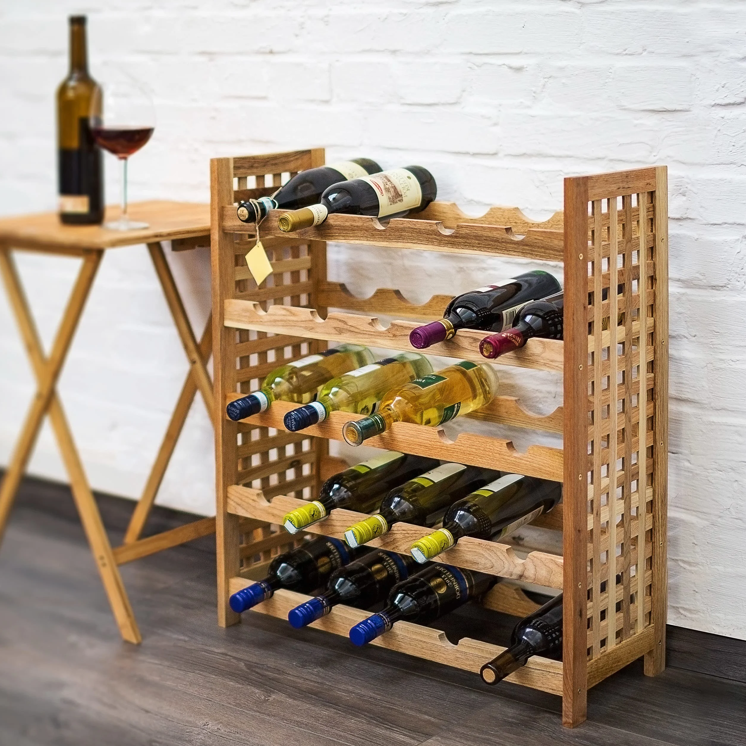 Relaxdays - Cantinetta per Vino in Legno di Noce Oliato 5 Scaffali, Spazio per 25 Bottiglie, 73 X 63 X 25 cm, marrone