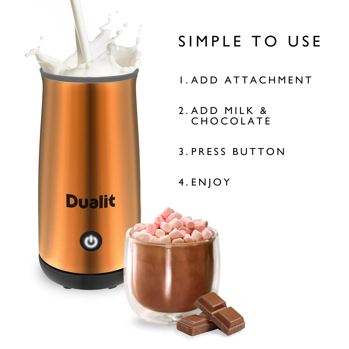 Dualit Macchina per cioccolata calda e montalatte – Capacità 250 ml – Polvere, bottoni e cioccolato grattugiato – Cioccolata calda vellutata in 3 minuti – Caraffa senza fili – Rame