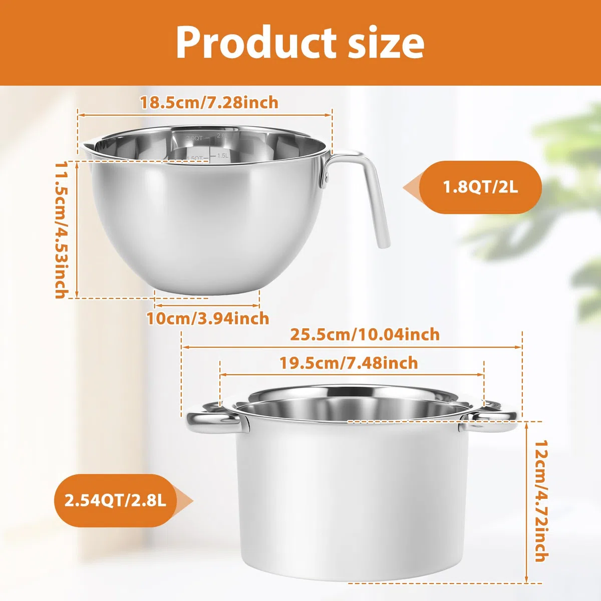 Pentola per bagnomaria, in acciaio inox, 2,5 l, per bagnomaria e 1,8 l, con manico, in acciaio inox 304
