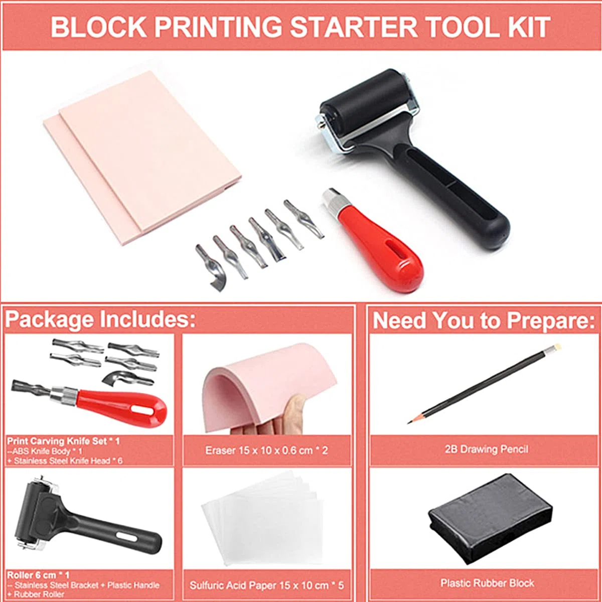 Kit per Creare timbri in Gomma, Set Completo con Rullo da Stampa 6 cm, 6 Testine Incisione, 2 Gomme, 5 Fogli Bianchi per Scrapbooking, Cartoline, Artigianato