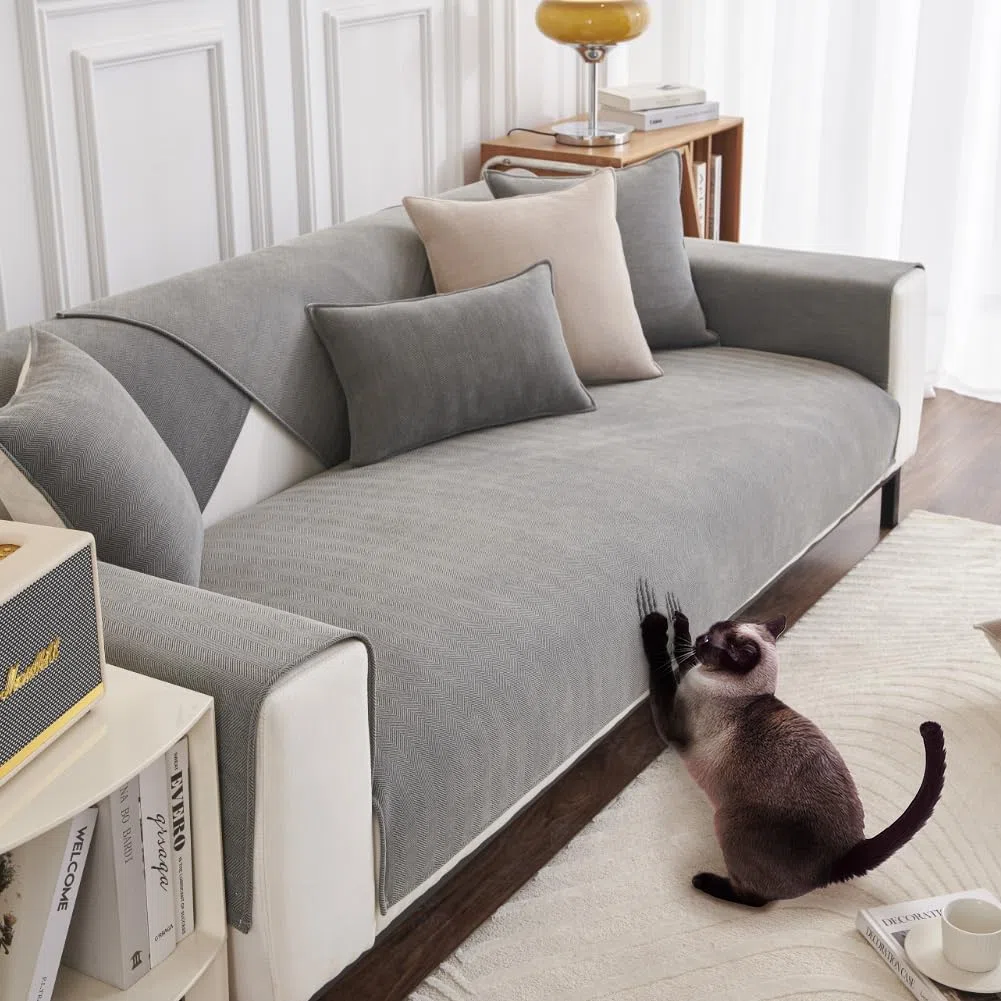 DUJUIKE Copridivano 3 Posti con Penisola, Copridivano universale antiscivolo, Cuscini per divano in ciniglia, Con corrimano, Copricuscini Divano, prischienale Adatto per soggiorno (Grigio, 90x210 cm)