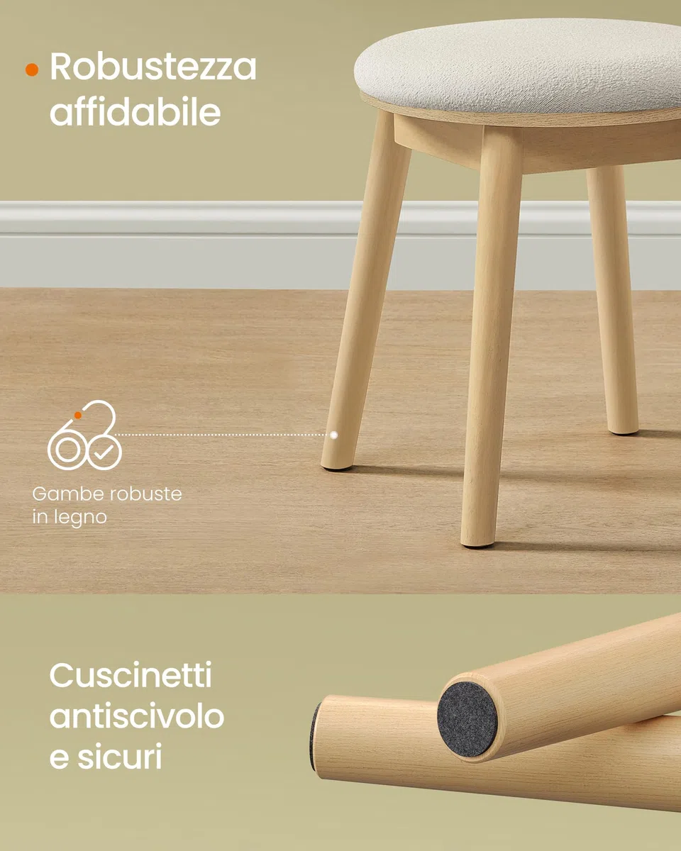 SONGMICS HOME BOHOVEN Collezione - Sgabello per Toeletta e Trucco, Gambe in Legno, Poggiapiedi Rotondo, Cuscinetti Antiscivolo, per Camera da Letto, Bianco Crema e Beige Rovere
