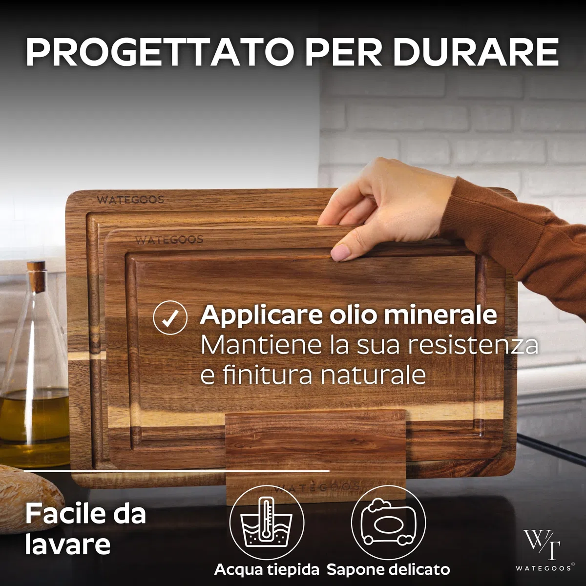 Set Taglieri da Cucina in Legno di Acacia - 2 Taglieri con Supporto - Tagliere in legno Grande e Piccolo, Resistente ed Ecologico
