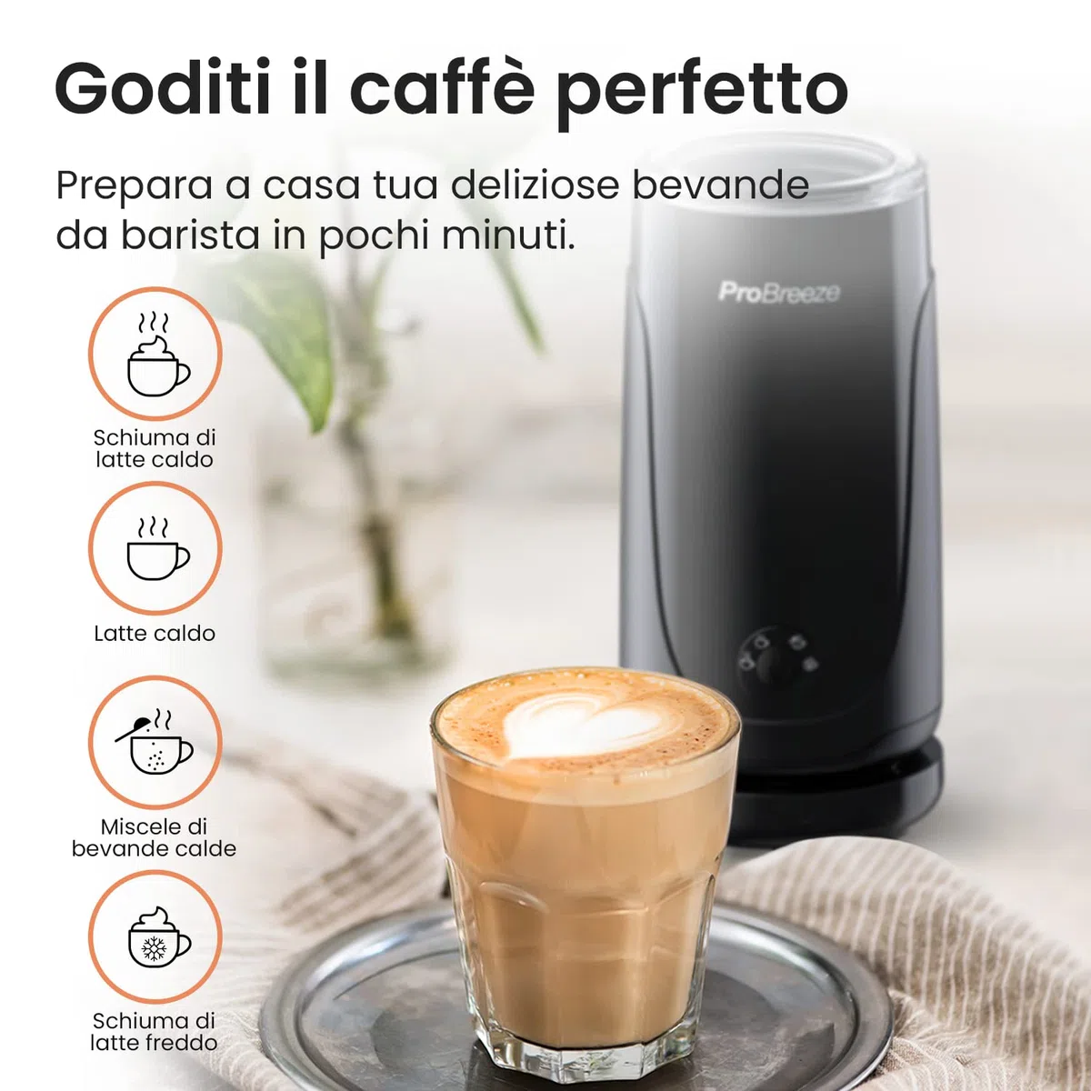Pro Breeze, Montalatte elettrico automatico - Frullino elettrico 240 ml per caffè, cioccolata calda, frappe ghiacciati – Montapanna e schiumalatte, Nero