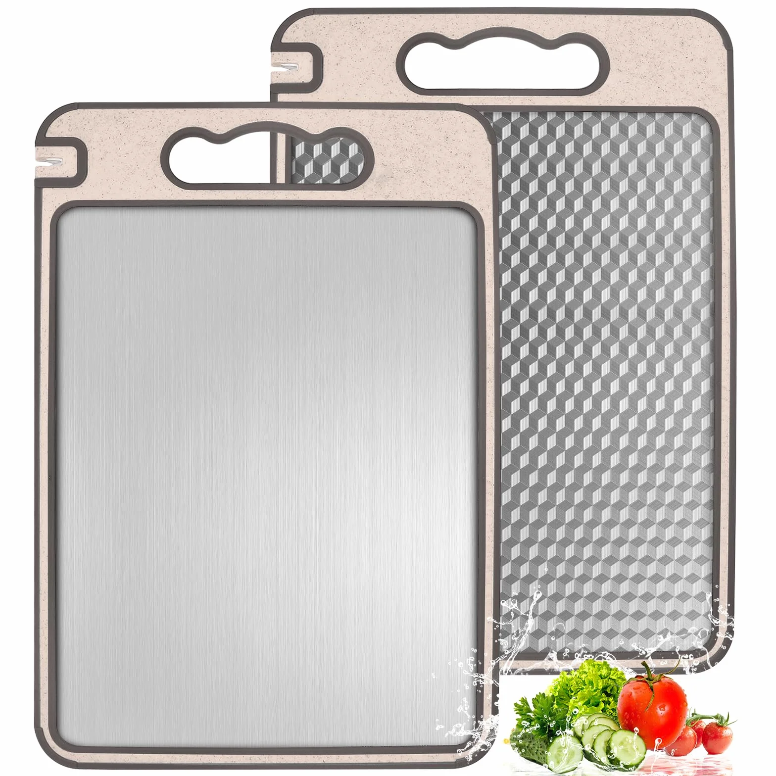 Set 2 Taglieri (36,5 x 24,8 cm) in Acciaio Inox 304 e Fibra di Grano – Doppia Faccia, Antibatterico con Affilacoltelli Integrato – Ideale per Carne, Pesce e Verdure – Confezionati Singolarmente