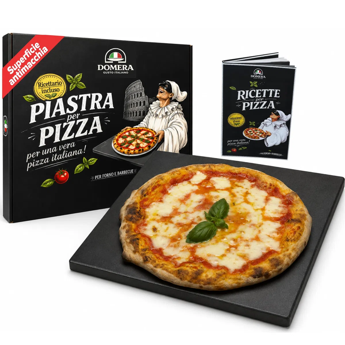 Domera - Pietra Refrattaria per Pizza - Antiaderente - Pietra Refrattaria per Barbecue in Cordierite - Cottura Perfetta Pizza, Carne e Pesce - 38x30 cm