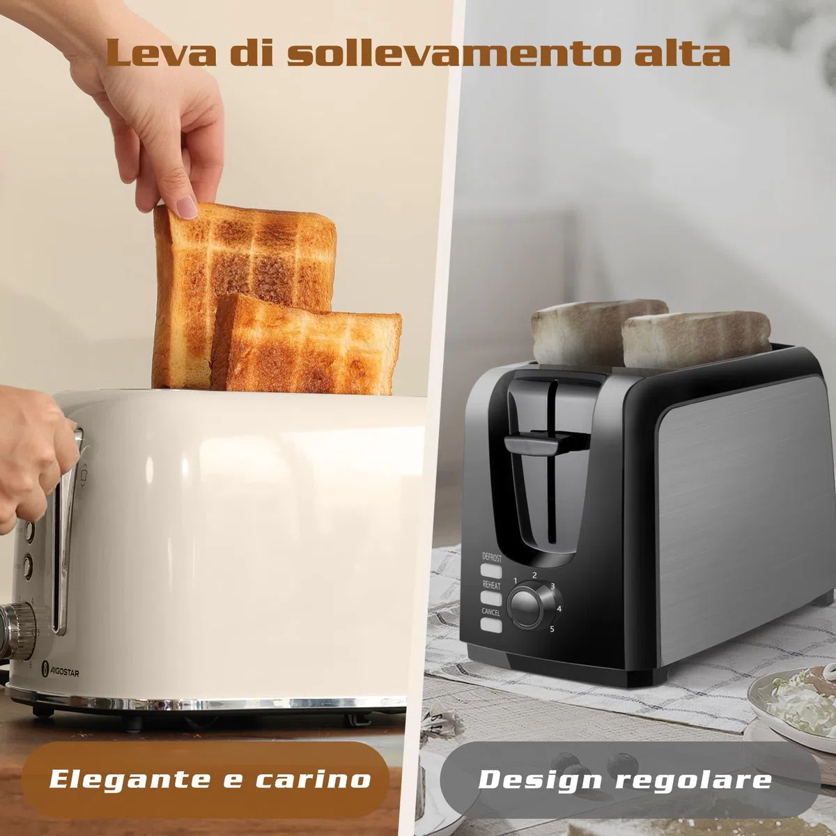 Aigostar Tostapane vintage, 2 fette con fessure extra larghe, 4 funzioni con funzione bagel, tostapane, 6 livelli di tostatura, 800W, acciaio inossidabile, vassoio raccogli briciole rimovibile, Cream
