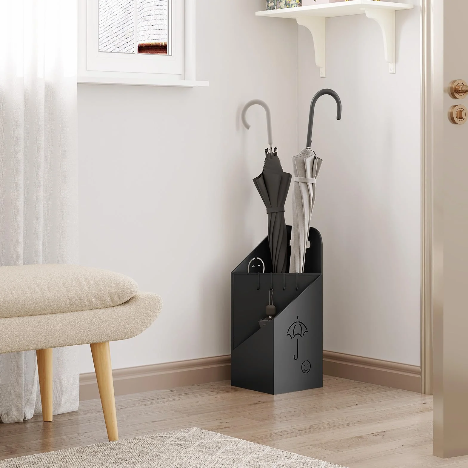 WOLTU Portaombrelli con 4 Ganci e 2 Aree Separate, in Metallo Antiruggine, con Design a Conca e Sorriso, per Corridoio, Ingresso, Nero