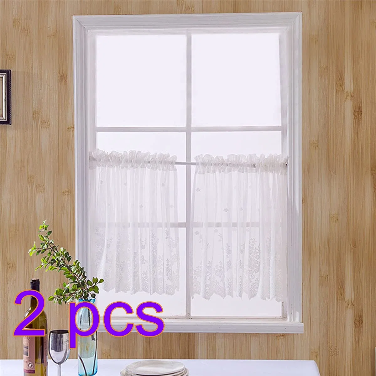 Betos Tende corte metà, pizzo piccola finestra Voile tende cucina Cafe Mezza Tenda Valance per Cafe Cucina Bagno Finestra Tenda (2 pannelli 74 * 90 CM-Bianco)