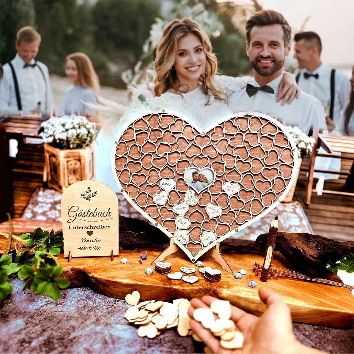 Libro degli ospiti in legno a forma di cuore, libro degli ospiti per matrimonio, compleanno, anniversario, decorazione per feste (marrone rosso)