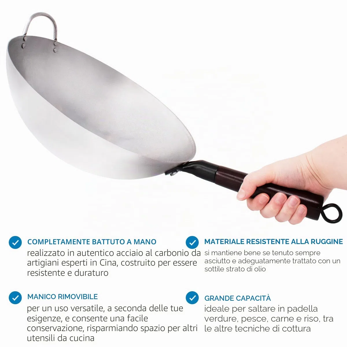 Joeji's Kitchen Wok in acciaio al carbonio 35 cm - Fondo tondo - Manico in legno rimovibile - Stile tradizionale martellato a mano - Padella Wok cinese robusta e pesante - Perfetta per piatti asiatici