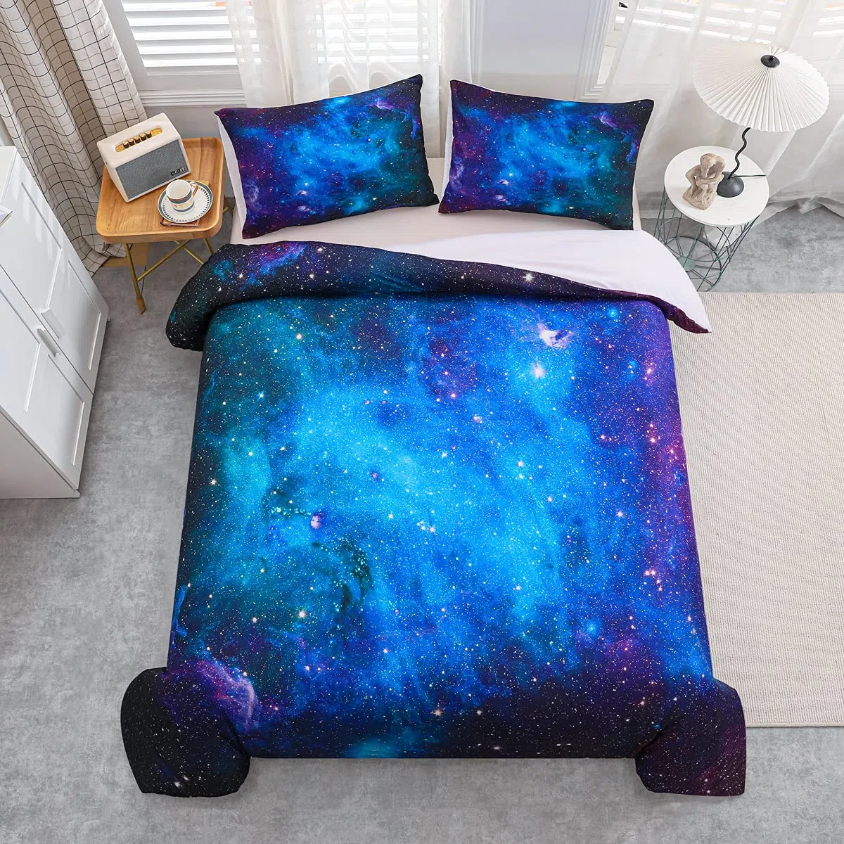 Loussiesd Galaxy Bedding Set Singolo,Spazio Esterno con Motivo Galassia Stelle nello Spazio Celeste,astronomico e Pianeti,Decorazione per Biancheria da Letto Blu,Viola