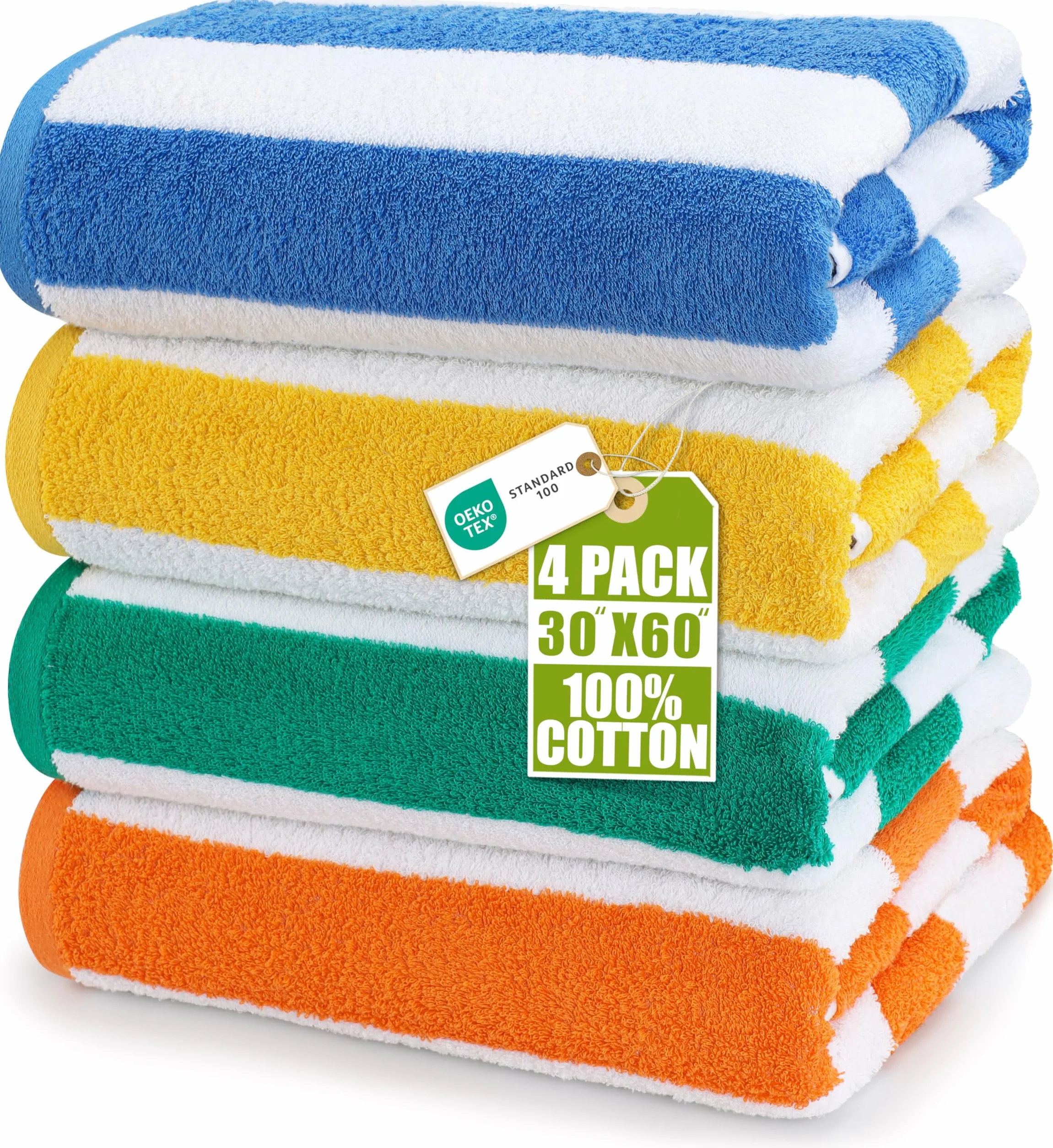Utopia Towels - Grandi Asciugamani da Spiaggia/Piscina a righe Cabana (76 x 152 cm) - 100% cotone filato, morbidi e ad asciugatura rapida (set di 4 - Blu, Giallo, Verde e Arancione)