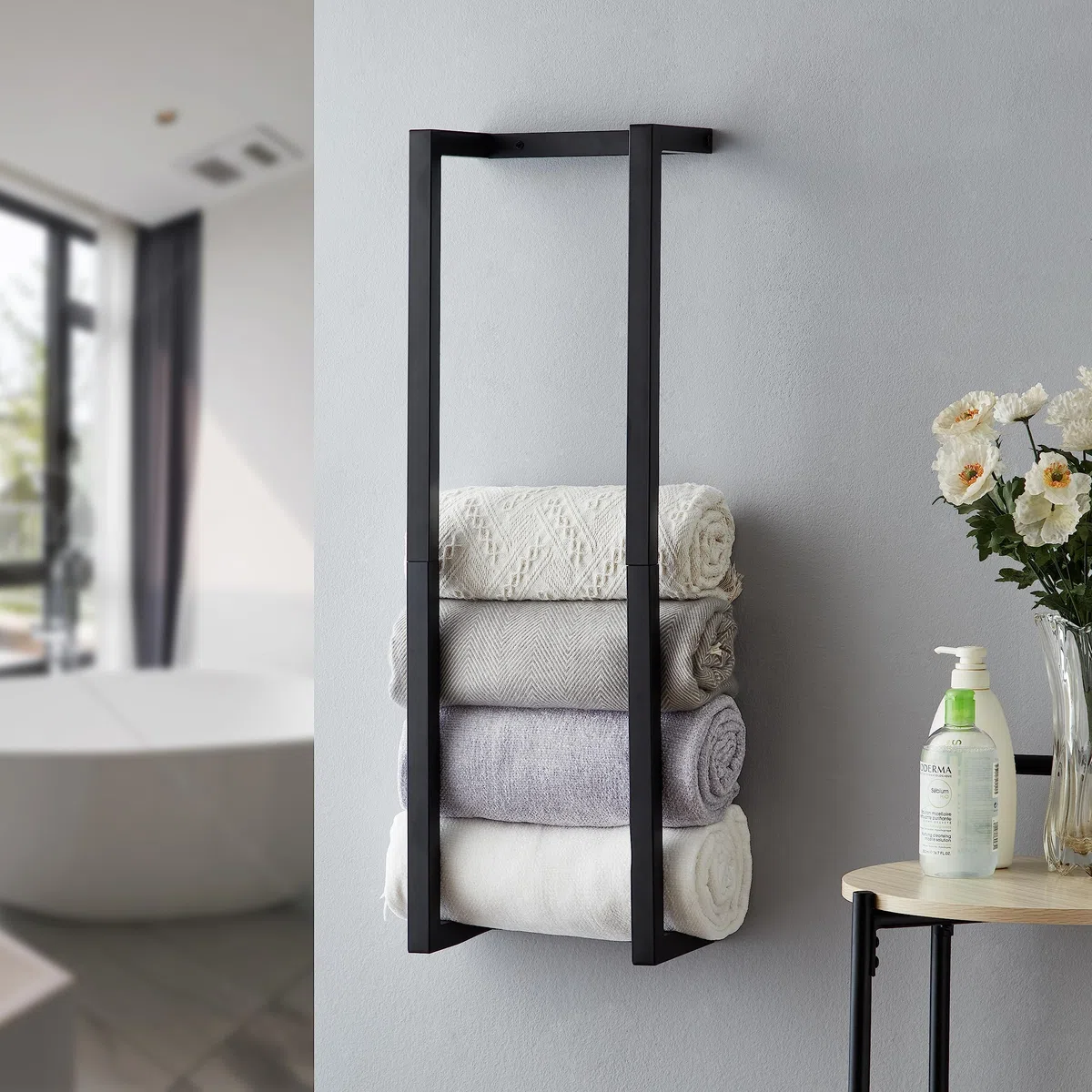 Portasciugamani per asciugamani arrotolati, portasciugamani per bagno, organizer da parete in metallo, porta asciugamani da bagno da parete per piccoli spazi moderni (nero)
