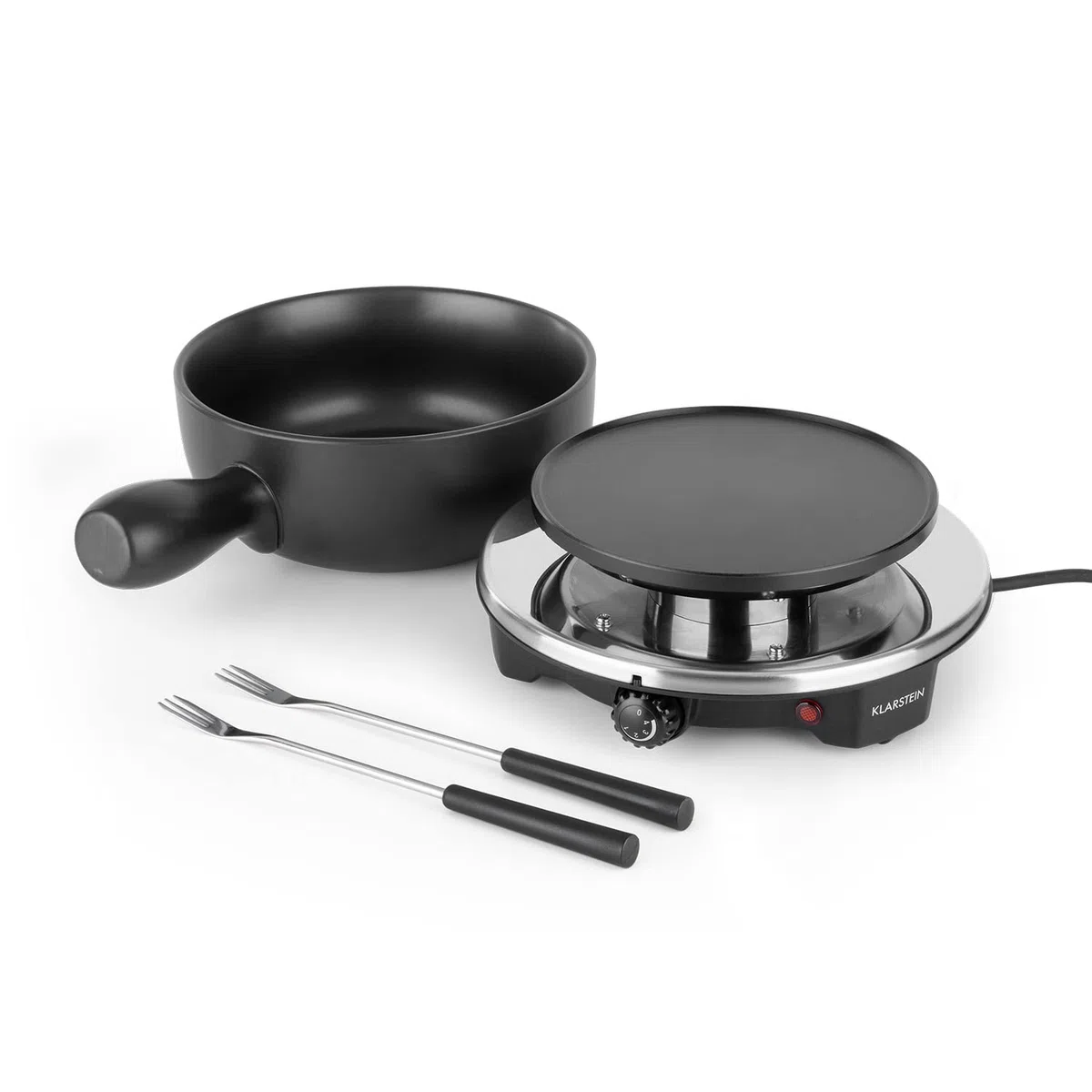 Klarstein Sirloin - Fonduta di formaggio, Grill party, Pentola in ceramica smaltata, Potenza 1200 W, Piastra riscaldante in alluminio pressofuso, Interruttore termostatico, Antiscivolo, Nero