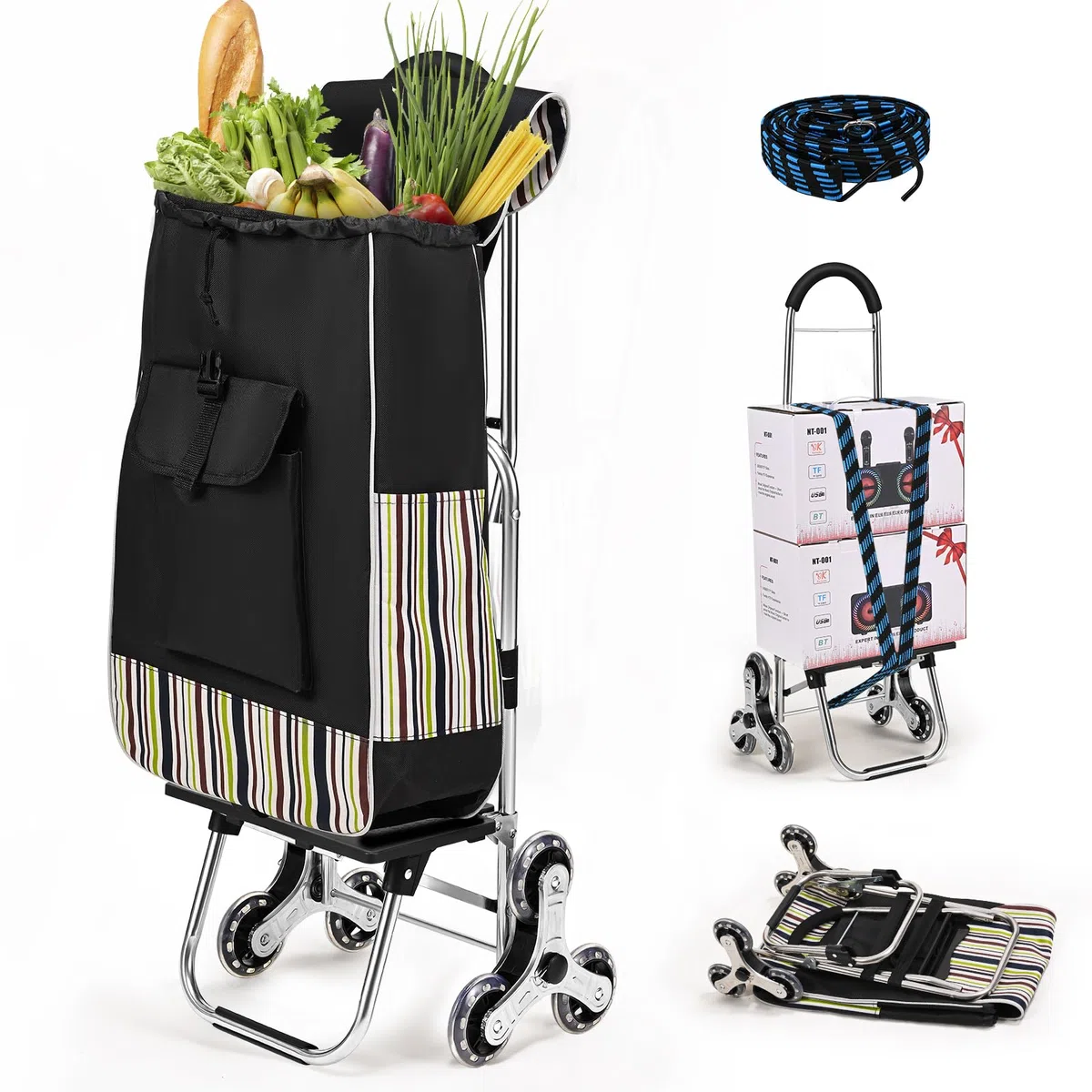 Carrello Spesa con 3 Ruote per Saliscale 3 in 1 Carrello Portaspesa Pieghevole carrello spesa con Sacche di isolamento 32L Borsa Impermeabile Rimovibile