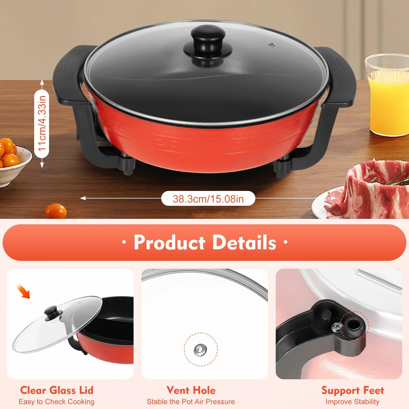 Pentola elettrica multifunzione da 1300 W, con fondo riscaldante e coperchio, 6 litri, 2 scomparti, Shabu Shabu