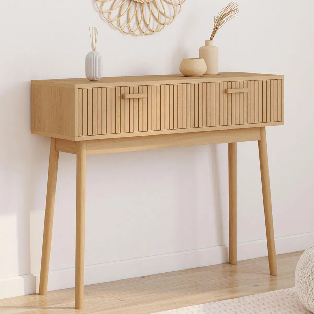 IDMarket - Consolle a 2 cassetti JULIETTE con doghe in legno color rovere