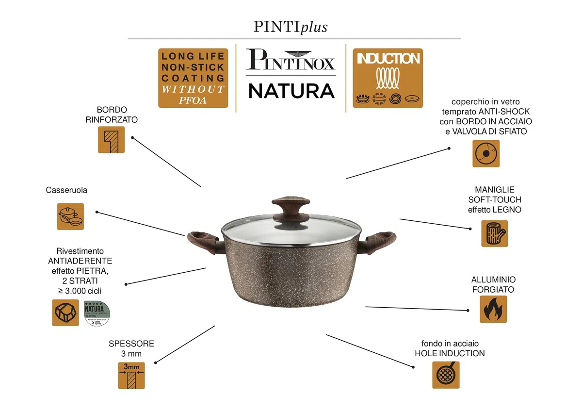 Pintinox Casseruola Alluminio Serie Natura, Antiaderente Effetto Pietra, Manico Effetto Legno, Coperchio in vetro con pomolo soft-touch effetto legno, Adatta all'Induzione, Diametro 20 cm