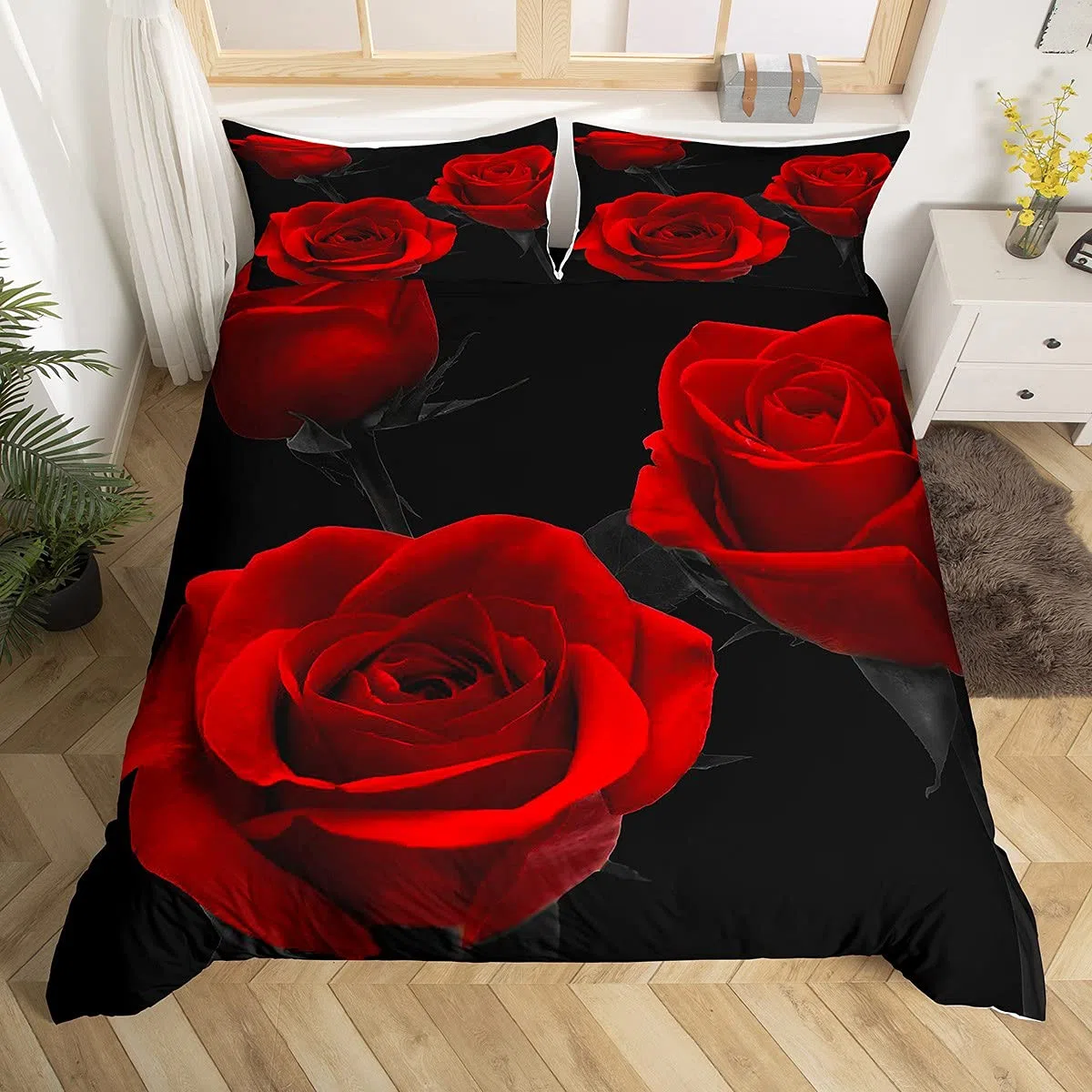 Set di biancheria da letto con rose rosse di lusso, copripiumino floreale per ragazze, donne, coppia, fiori romantici, copriletto per San Valentino, copripiumino rosso e nero, trapunta 3 pezzi, misura