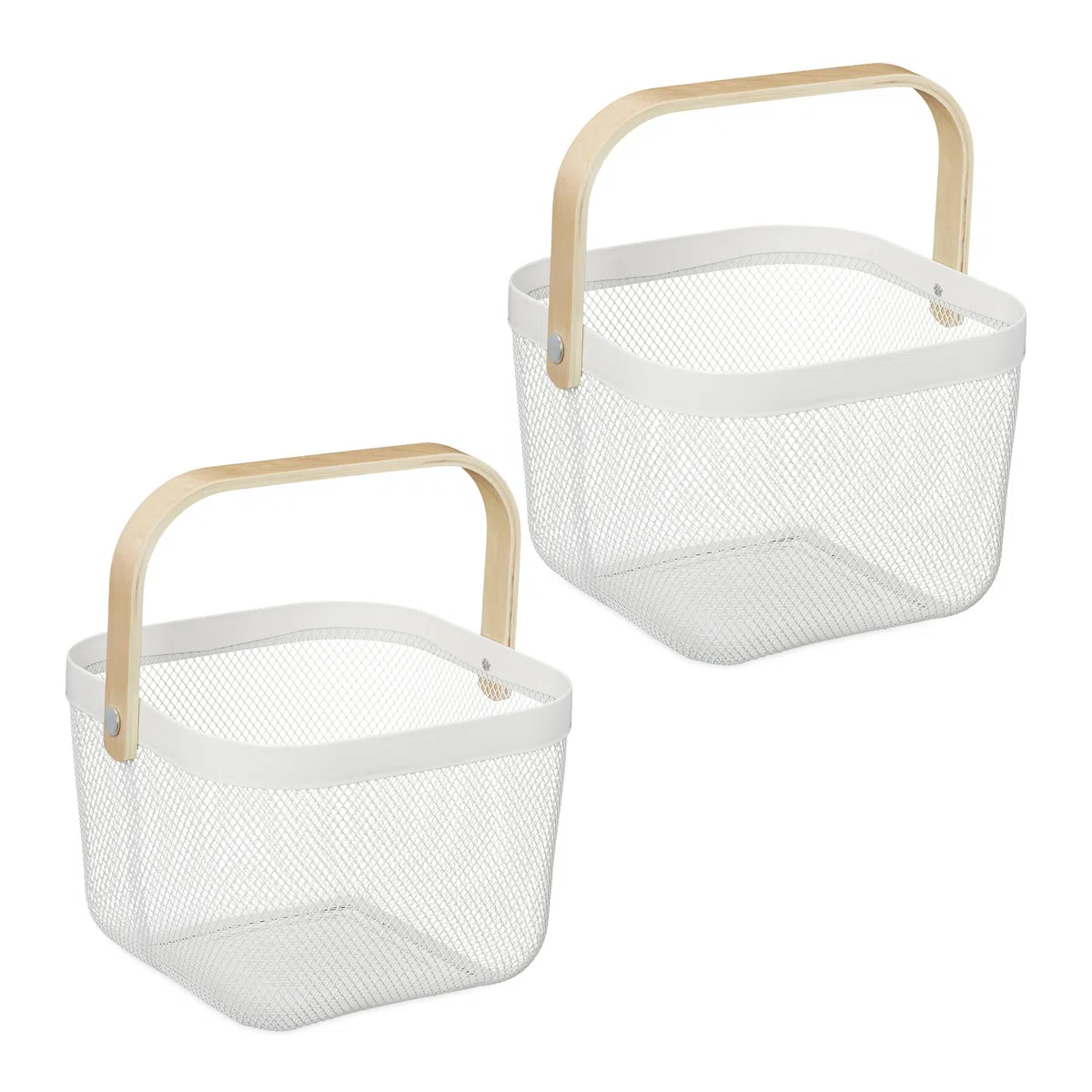 Relaxdays Cestino Metallico Portaoggetti a Rete Quadrato, Set 2 Cesti con Manico in bambù, HLP: 17,5x26x24,5 cm, Bianco