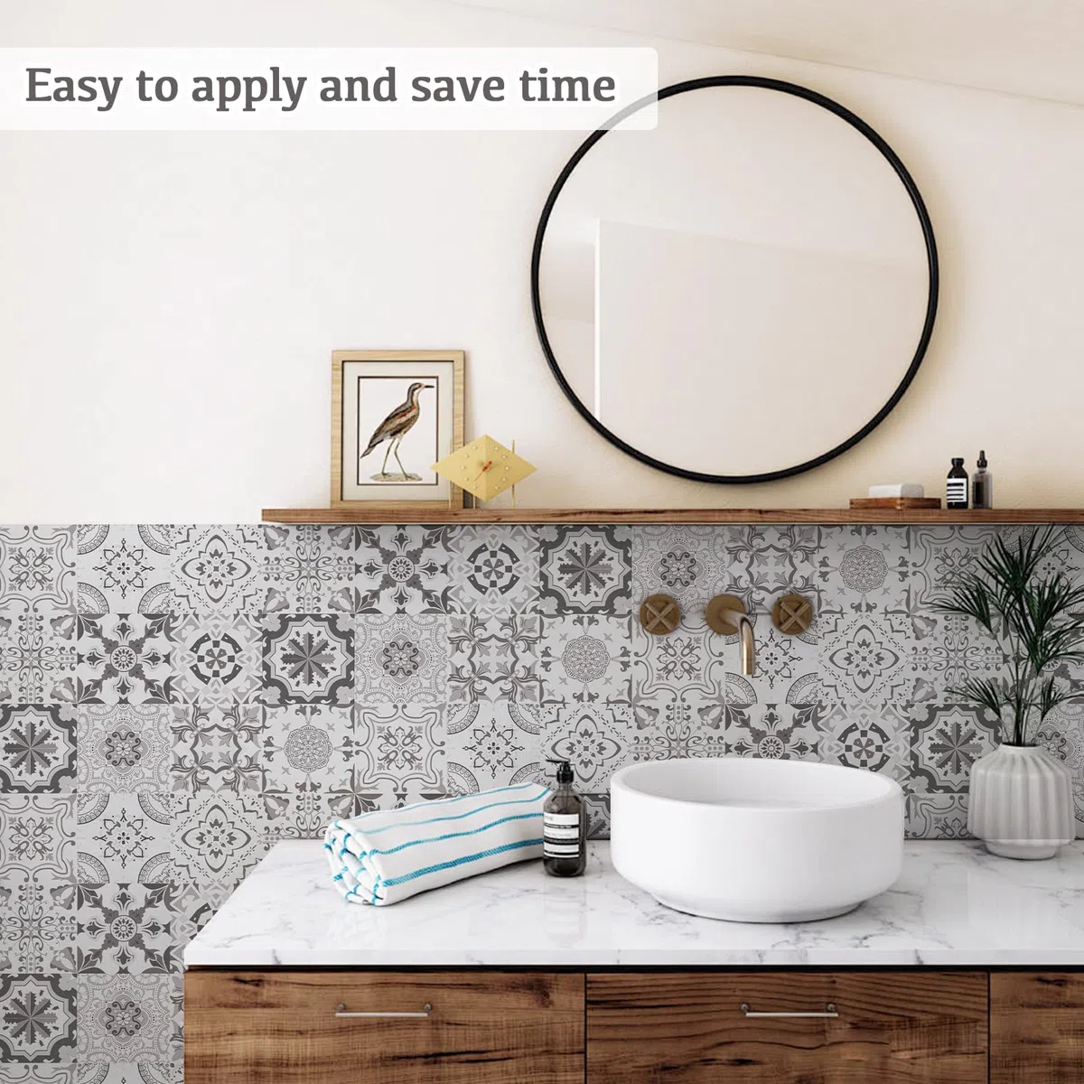 Abyssaly Adesivi per Piastrelle Bianco e Grigio, Piastrelle Adesive Cucina, Rotolo Adesivo per Mobili Mattonelle Bagno Rivestimento 60 x 300 cm